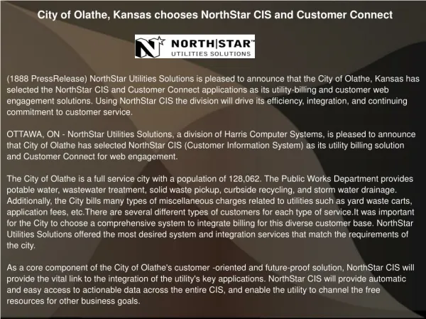 City of Olathe, Kansas chooses NorthStar CIS and Customer