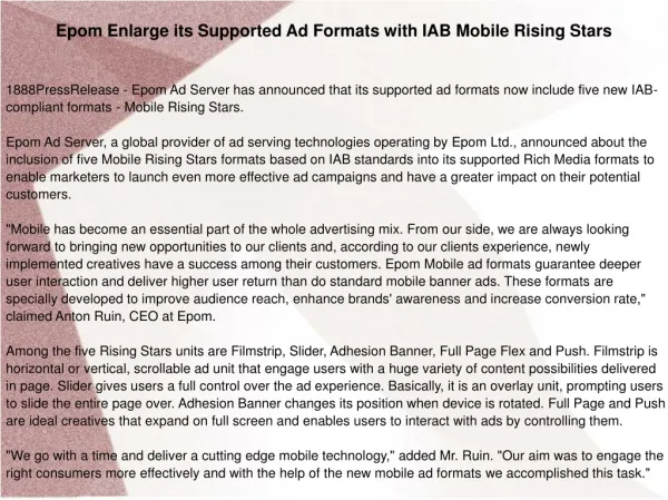 Epom Enlarge its Supported Ad Formats with IAB Mobile Rising
