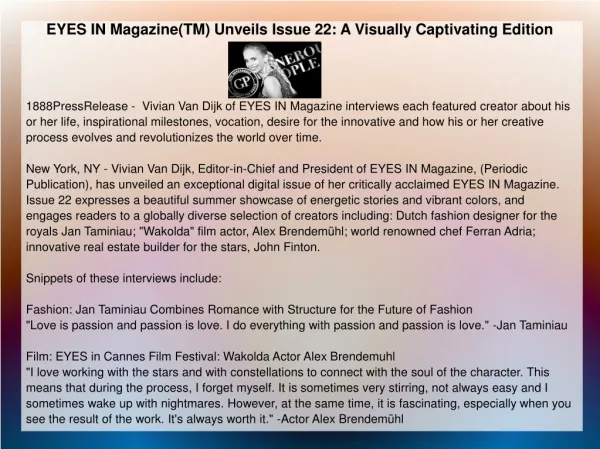 EYES IN Magazine(TM) Unveils Issue 22: A Visually Captivatin