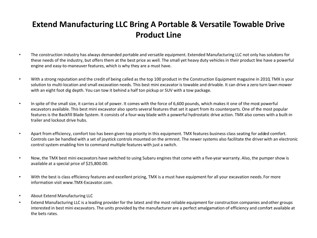 extend manufacturing llc bring a portable versatile towable drive product line