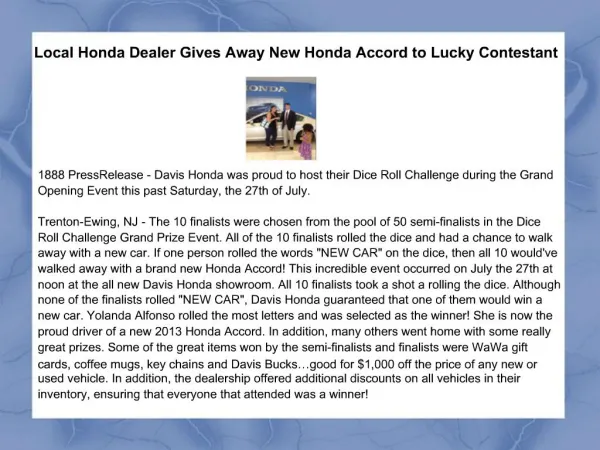 Local Honda Dealer Gives Away New Honda Accord to Lucky Cont