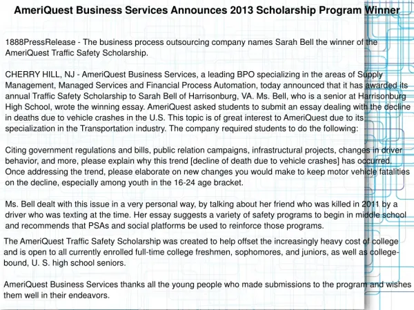 AmeriQuest Business Services Announces 2013 Scholarship Prog