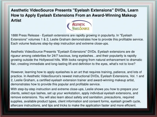 Aesthetic VideoSource Presents "Eyelash Extensions" DVDs, Le