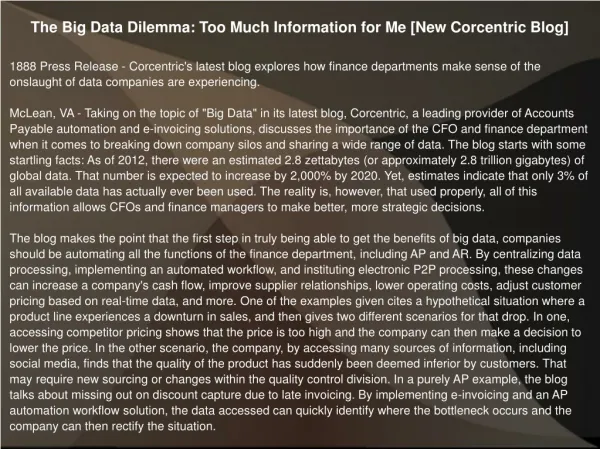 The Big Data Dilemma: Too Much Information for Me [New Corce