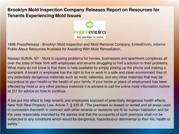 Brooklyn Mold Inspection Company Releases Report on Resource