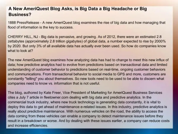 A New AmeriQuest Blog Asks, is Big Data a Big Headache