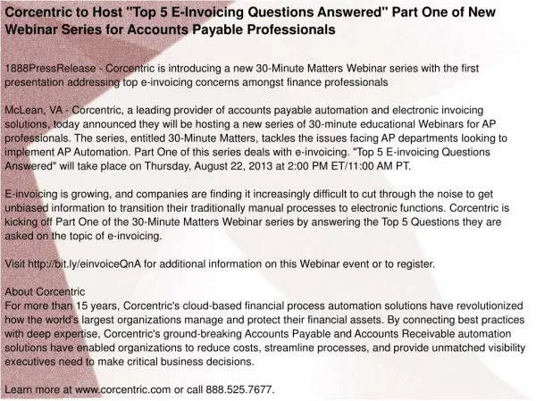 Corcentric to Host "Top 5 E-Invoicing Questions Answered"