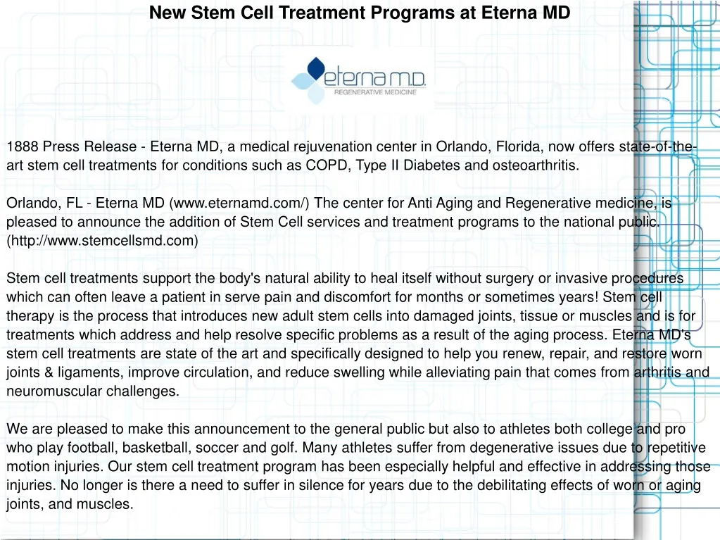 new stem cell treatment programs at eterna md