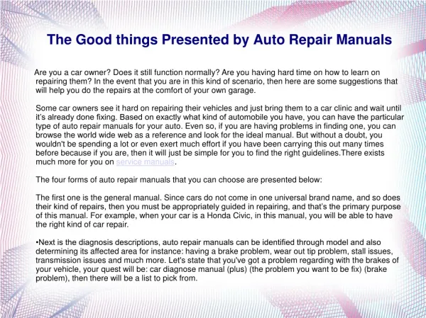 The Good things Presented by Auto Repair Manuals