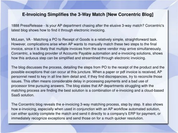 E-Invoicing Simplifies the 3-Way Match [New Corcentric Blog]