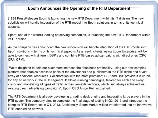 Epom Announces the Opening of the RTB Department