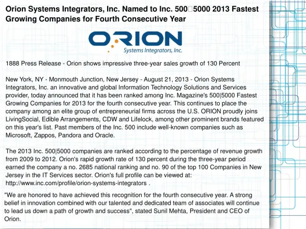 Orion Systems Integrators, Inc. Named to Inc. 5005000 2013