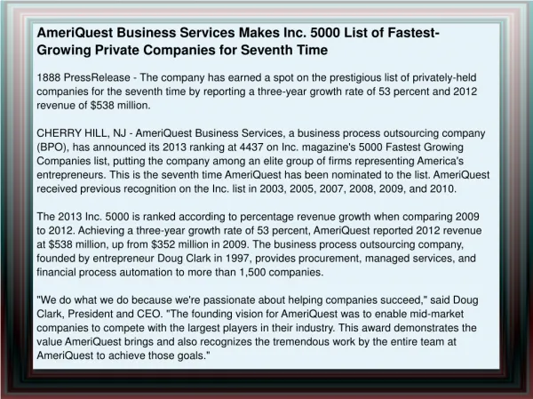 AmeriQuest Business Services Makes Inc. 5000 List of Fastest