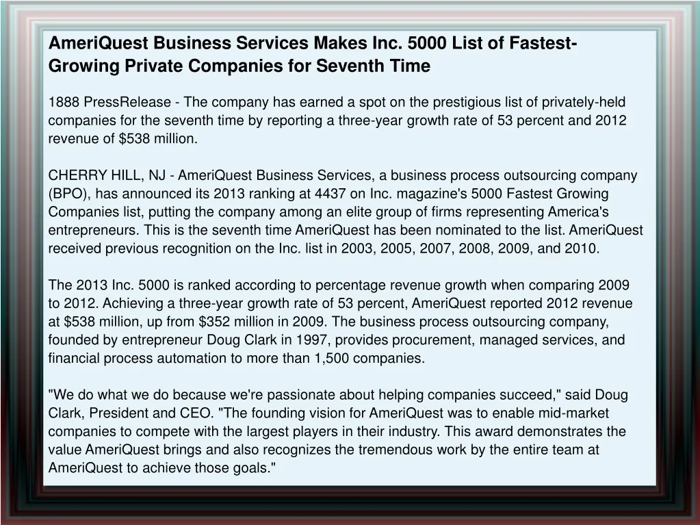 ameriquest business services makes inc 5000 list