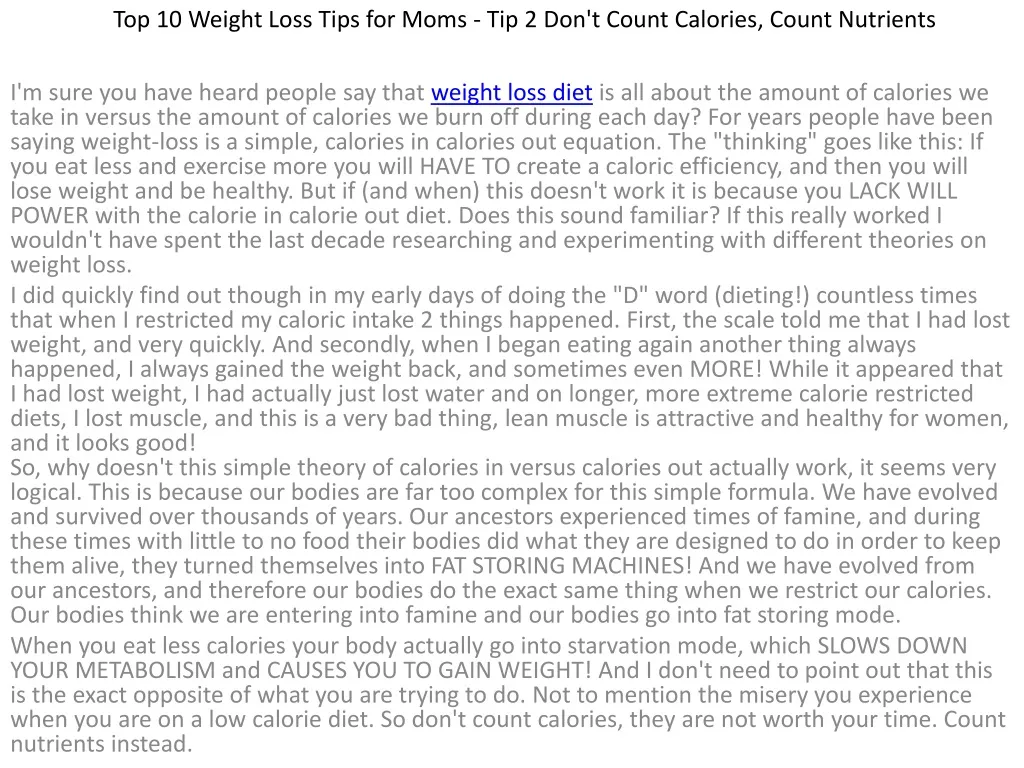 top 10 weight loss tips for moms tip 2 don t count calories count nutrients