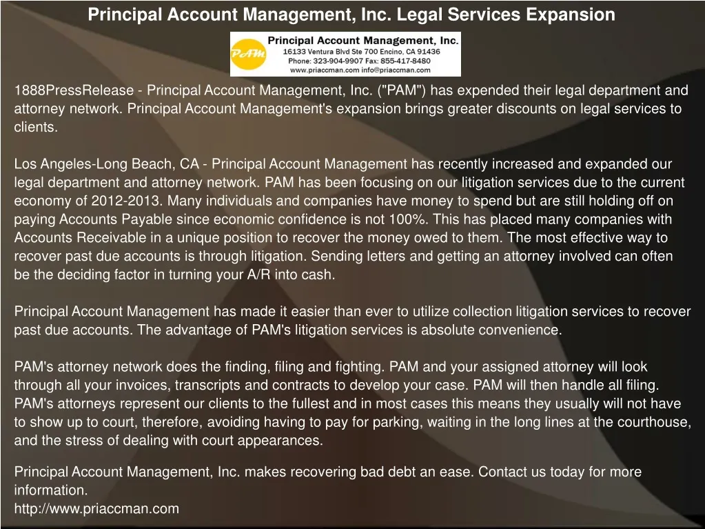 principal account management inc legal services