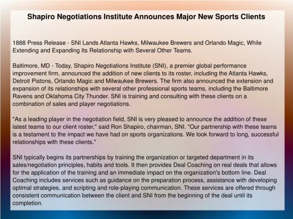 Shapiro Negotiations Institute Announces Major New Sports