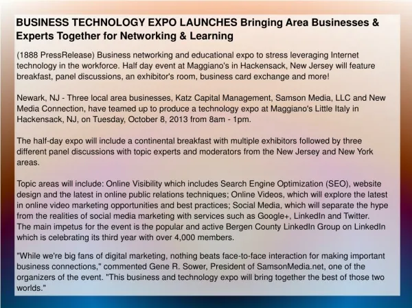 BUSINESS TECHNOLOGY EXPO LAUNCHES Bringing Area Businesses
