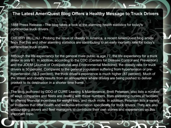 The Latest AmeriQuest Blog Offers a Healthy Message to Truck
