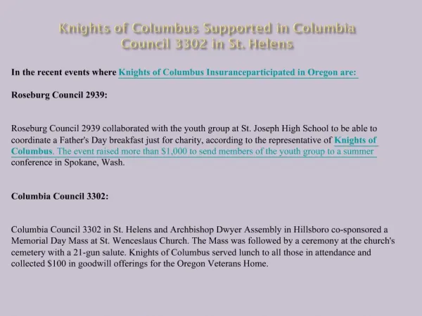 Knights of Columbus Supported in Columbia Council 3302 in St