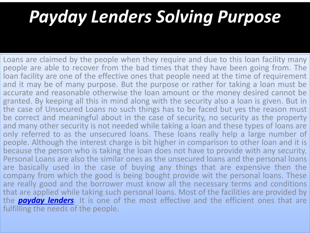 payday lenders solving purpose