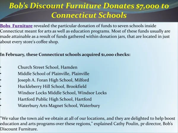 Bob’s Discount Furniture Donates $7,000 to Connecticut Schoo