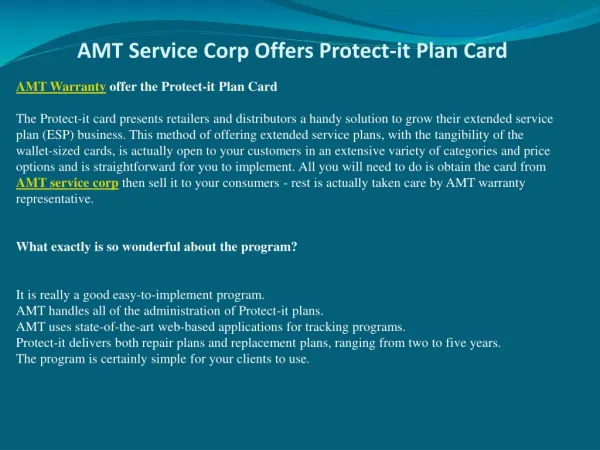 AMT Service Corp Offers Protect-it Plan Card