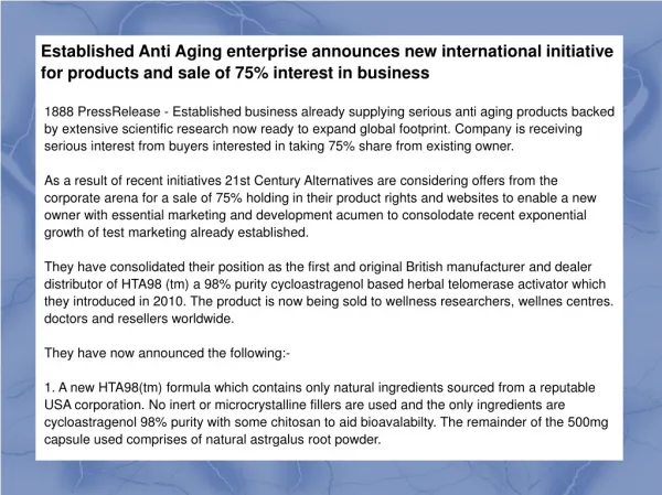 Established Anti Aging enterprise announces