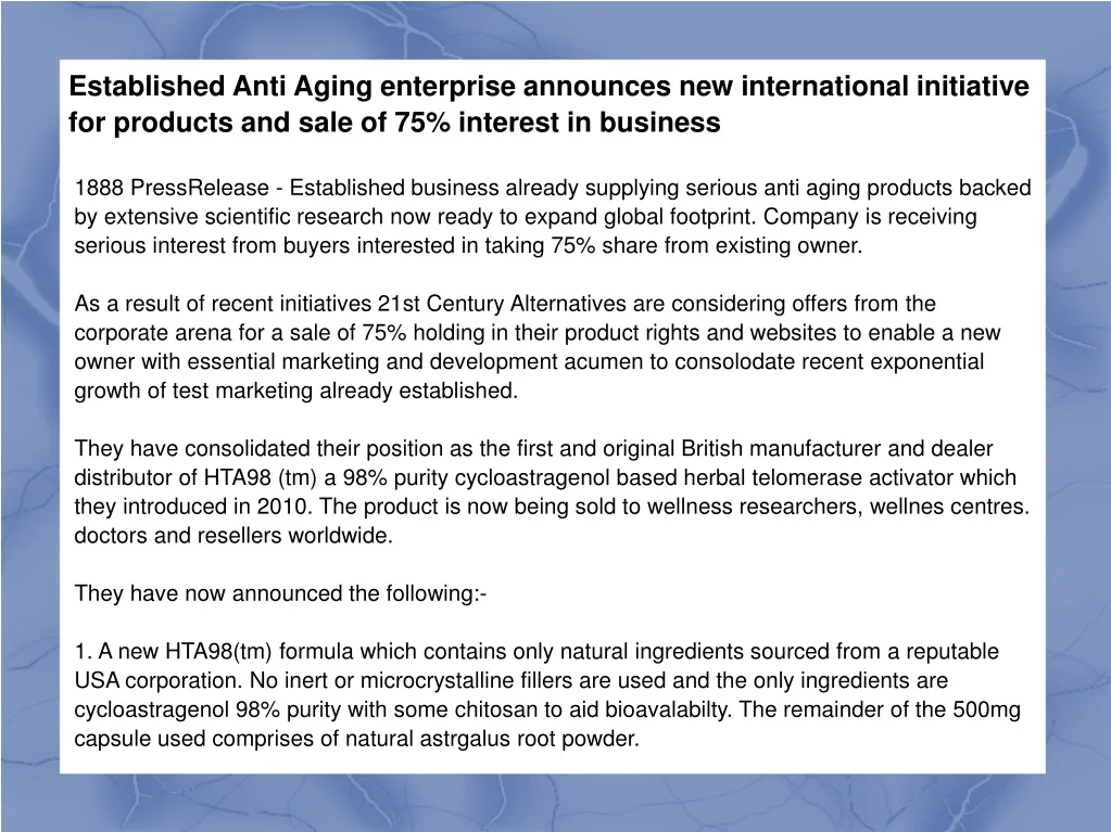 established anti aging enterprise announces