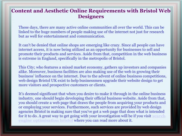 Content and Aesthetic Online Requirements with Bristol Web D