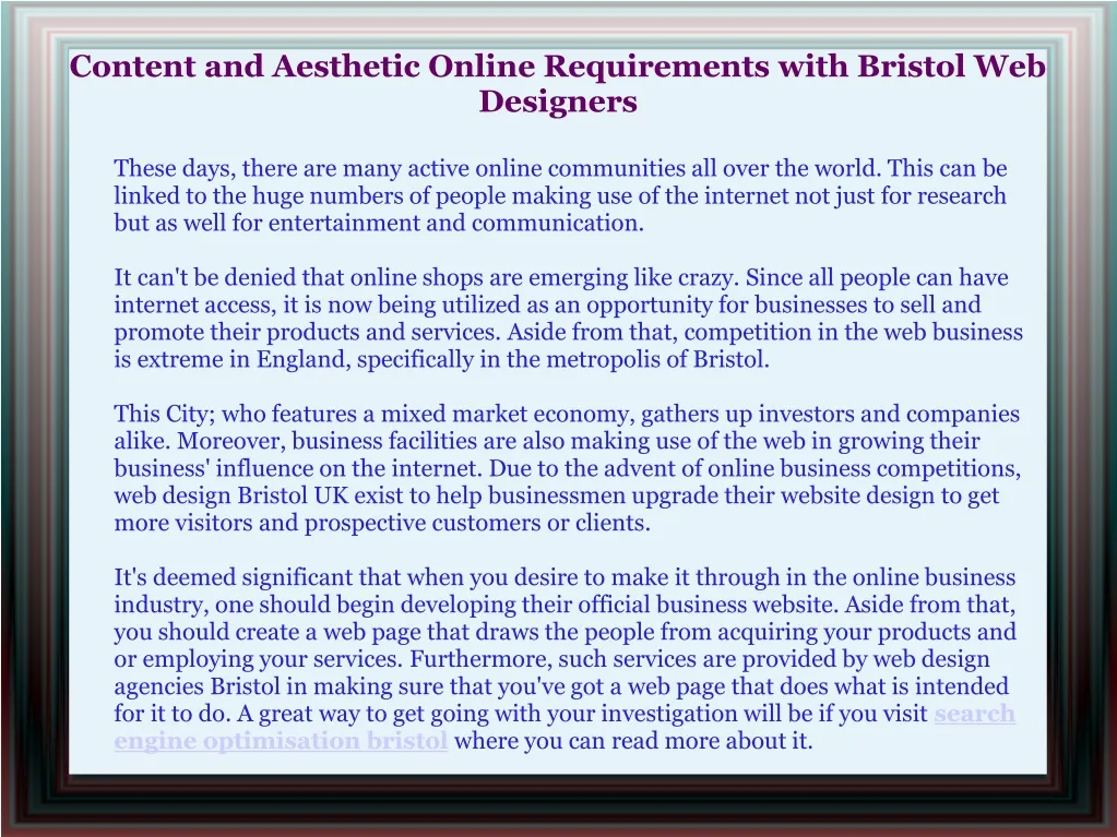 content and aesthetic online requirements with bristol web designers