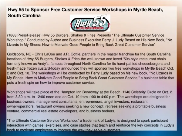 Hwy 55 to Sponsor Free Customer Service Workshops in Myrtle