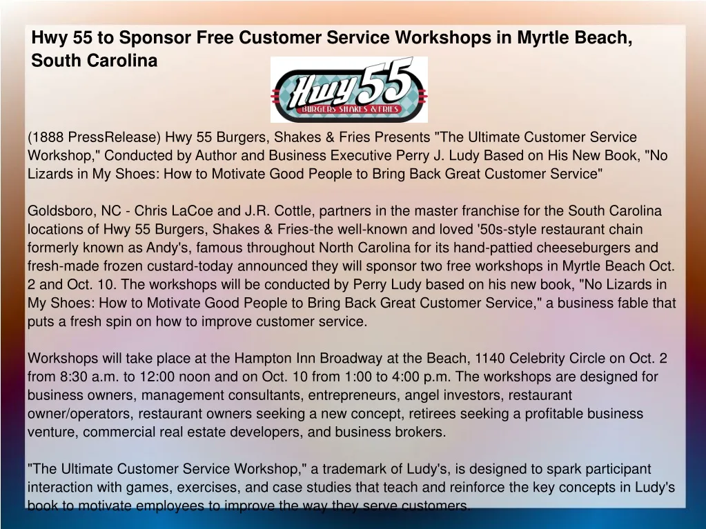 hwy 55 to sponsor free customer service workshops
