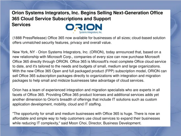 Orion Systems Integrators, Inc. Begins Selling
