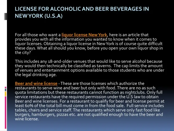 License for Alcoholic and Beer Beverages in New York (U.S.A)