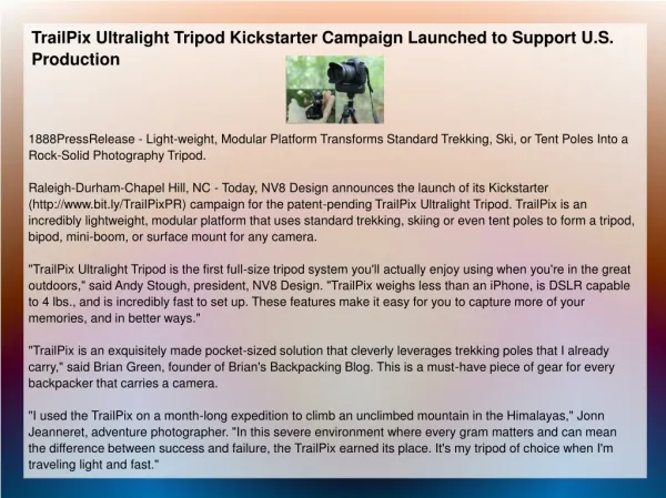 TrailPix Ultralight Tripod Kickstarter Campaign Launched to