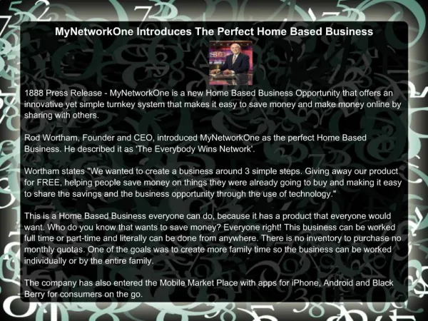 MyNetworkOne Introduces The Perfect Home Based Business