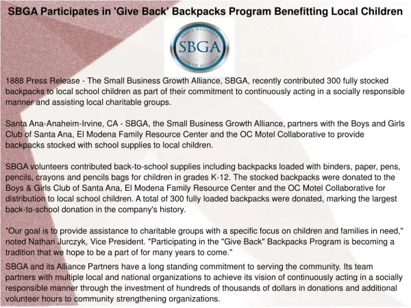 SBGA Participates in 'Give Back' Backpacks Program