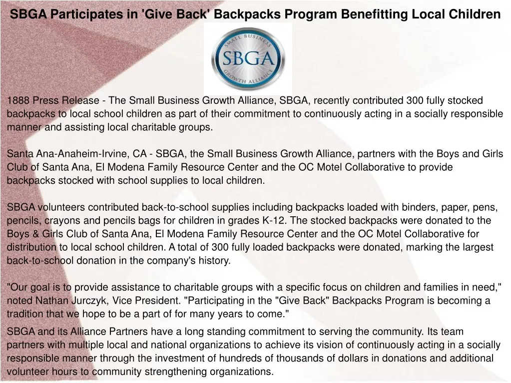 sbga participates in give back backpacks program