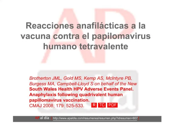 Reacciones anafil cticas a la vacuna contra el papilomavirus humano tetravalente