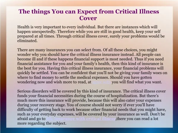 The things You can Expect from Critical Illness Cover
