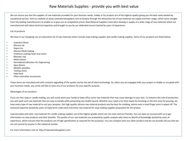 Raw Materials Supplies - Provide You With Best Value