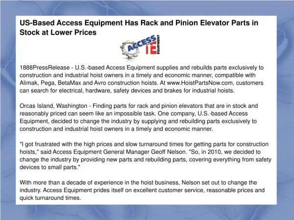 US-Based Access Equipment Has Rack and Pinion Elevator Parts