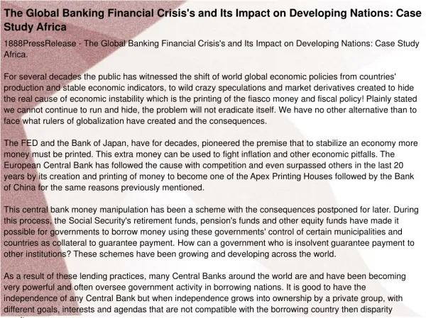The Global Banking Financial Crisis's and Its Impact on Deve