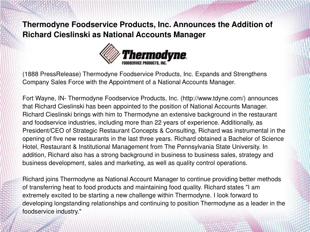 thermodyne foodservice products inc announces