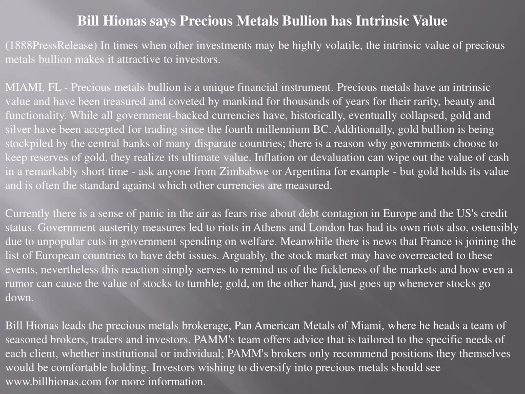 bill hionas says precious metals bullion