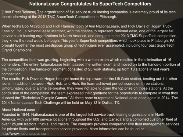 NationaLease Congratulates Its SuperTech Competitors