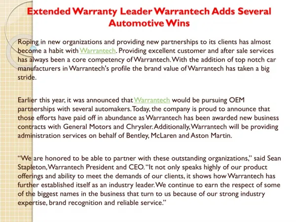Extended Warranty Leader Warrantech Adds Several Automotive