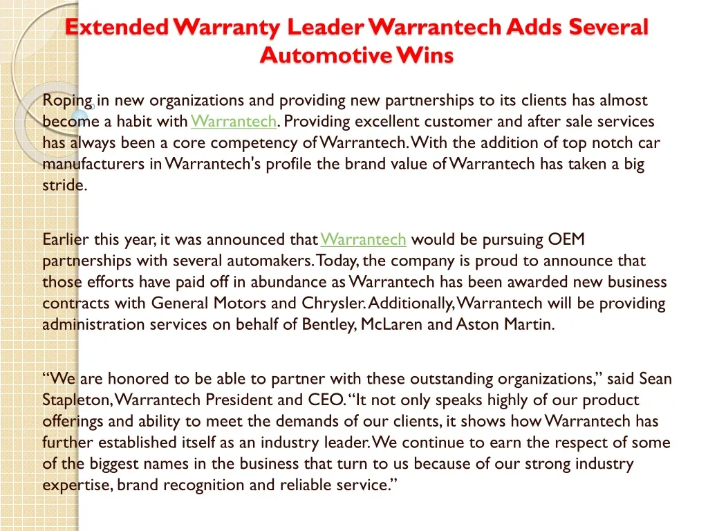 extended warranty leader warrantech adds several automotive wins