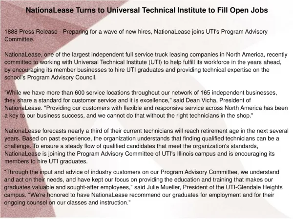 NationaLease Turns to Universal Technical Institute to Fill